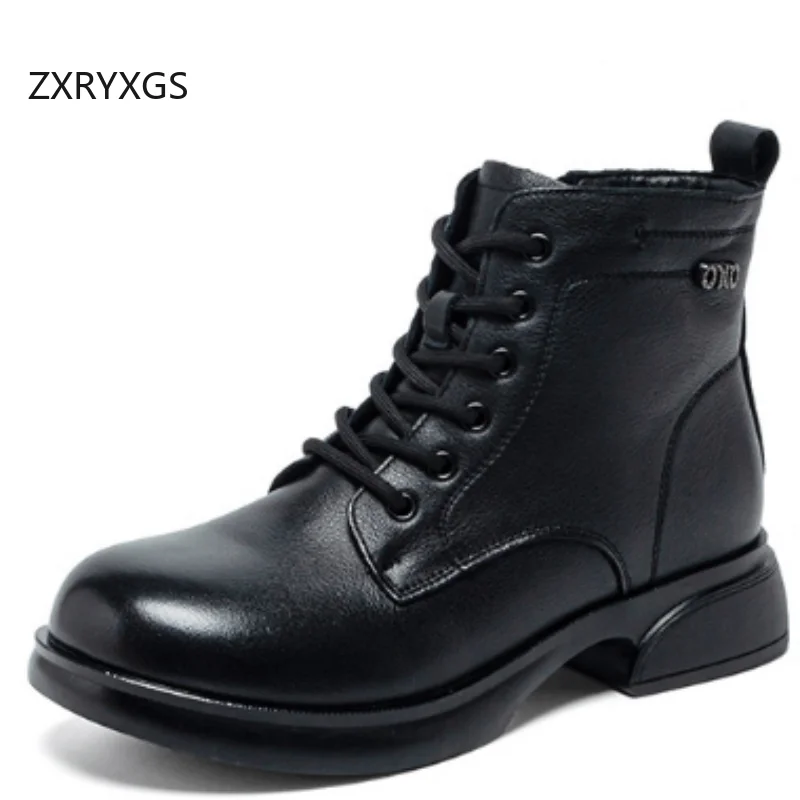 ZXRYXGS Top Cowhide Lace-up Side Zipper Handsome Boots New 2026 Autumn Winer Boots Woman's Genuine Leather Boots Snow Shoes Tide