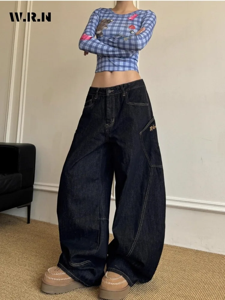 

Women's Casual Retro Emo Denim Trouser 2025 Summer Y2K Full Length 2000s Pants Harajuku Loose Fit Letter Embroidery Jeans