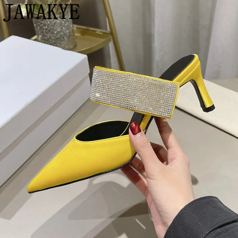 

Sexy Crystal High Heel Slippers Women Pointy Toe Satin Dress Shoes 2024 Summer Brand Party Banquet Shoes For Women Slipper Mujer