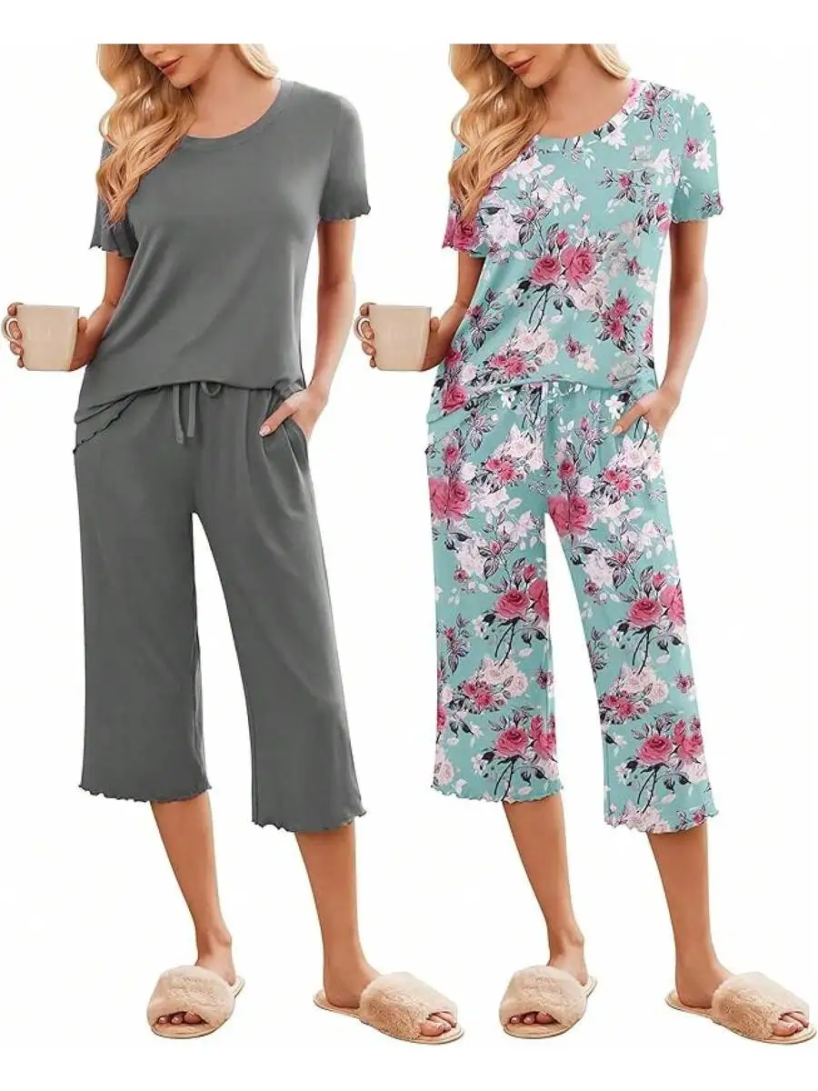 2 Pack Womens Short Sleeve Pajama Set Capri Pants With Pockets Soft Loungewear