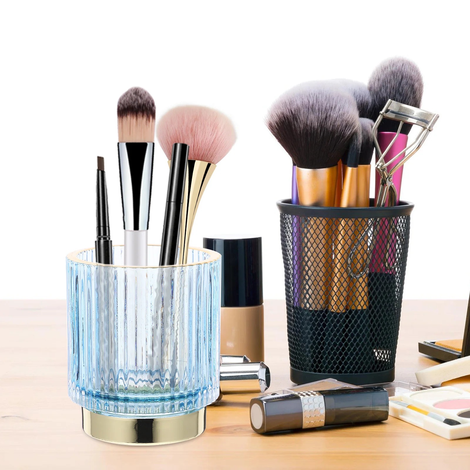 

Thickened Glass Makeup Brush Holder Clear Organizer Desktop Pen and Makeup Stand Pen Holder Vanity Organizer