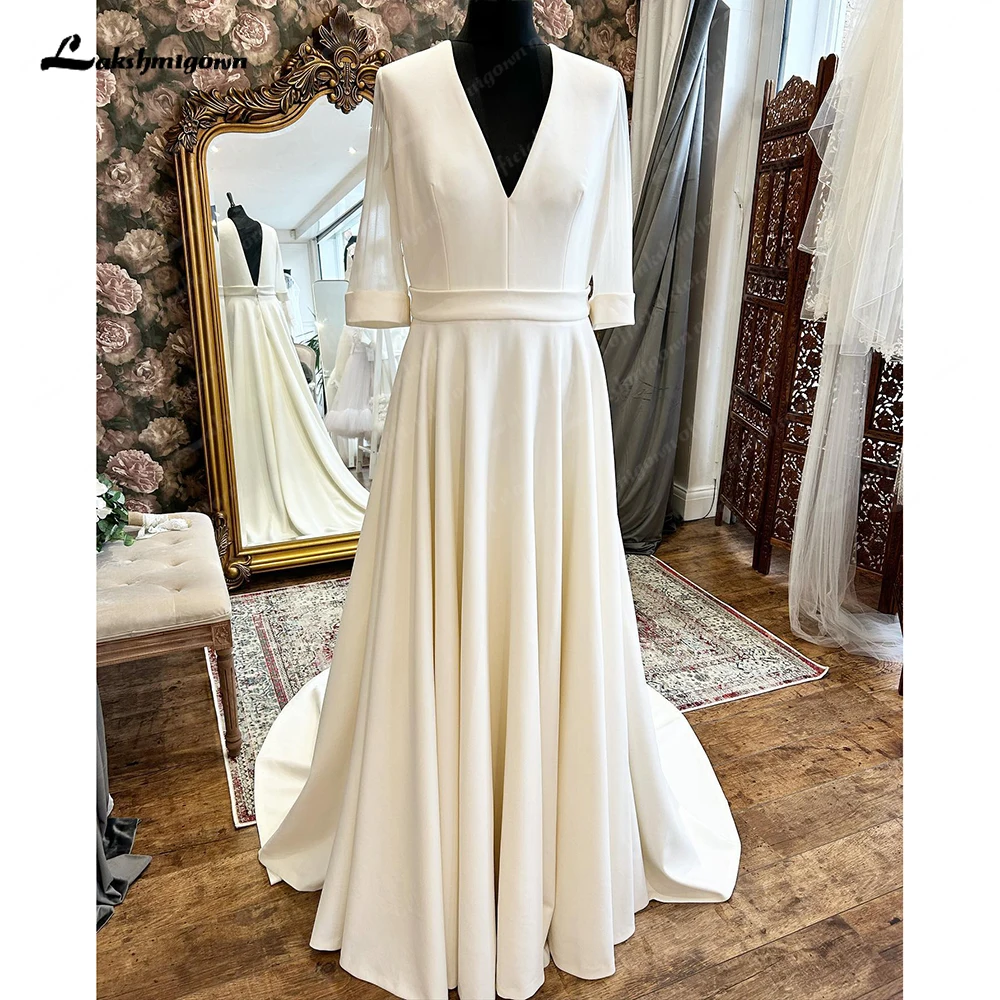 Lakshmigown Half Sleeves Crepe Boho Beach Wedding Dress with V Neck 2024 Sweep Train Bridal Gown  robe mariage femme Elegant