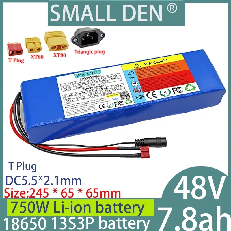 

48V 7.8ah New Full Capacity 18650 Lithium Battery 13S3P Suitable for 150W 750W 15A BMS Large Capacity Rechargeable Batteries