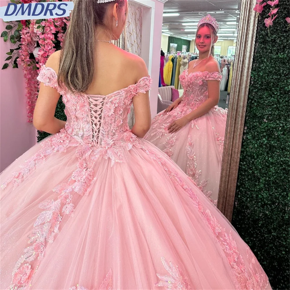 Elegant Sweetheart Shiny Quinceanera Dress Party Gown Pink Princess Lace Appliques Beads Crystal Off The Shoulder For 16 Year