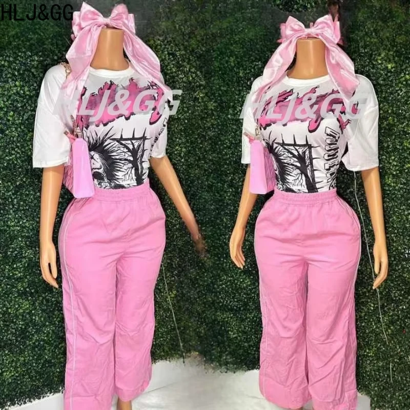 

HLJ&GG Pink Y2K Stripe Print Straight Pants Two Piece Sets Women O Neck Cotton Loose Top And Drawstring Pants Outfits Streetwear