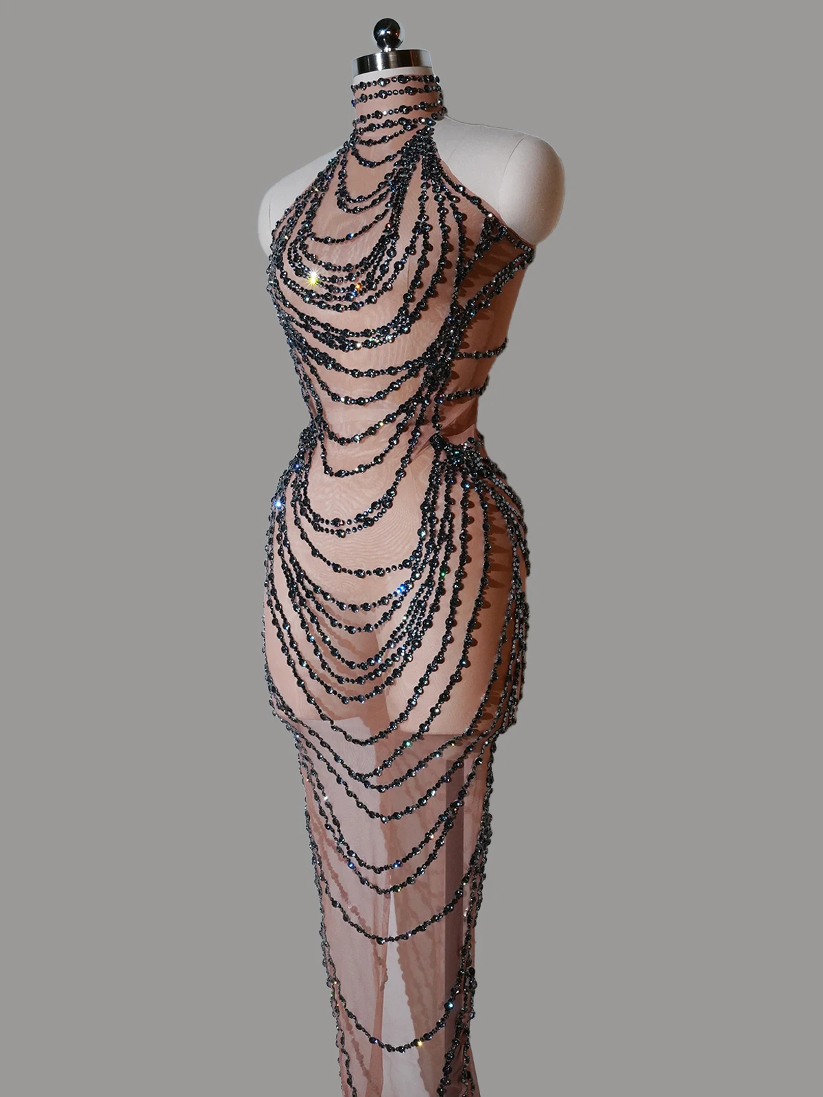 Блестящие серые стразы, сетчатое прозрачное длинное вечернее платье, роскошное женское сексуальное вечернее платье для выпускного вечера, дня рождения, сценическое платье