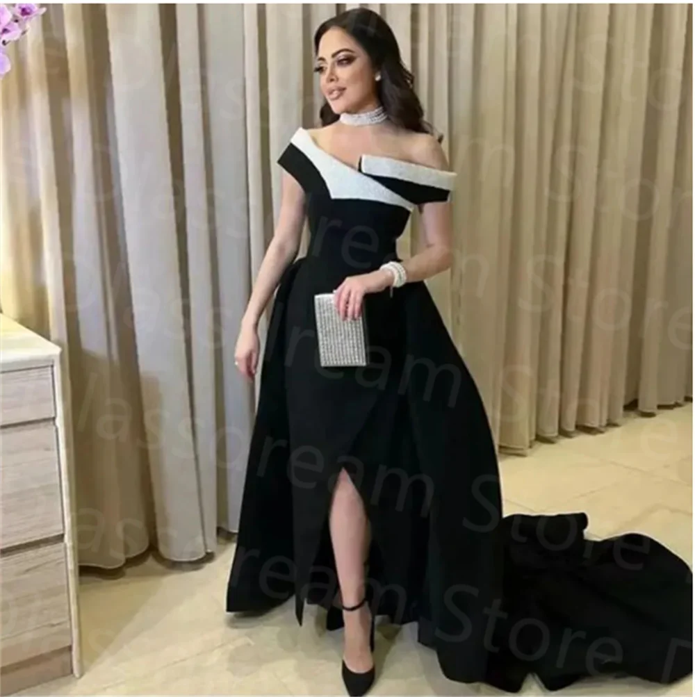 Black and white Arabia Dubai A-Line Evening Dress Strapless Long Off Shoulder Party Gowns Slit Side Vestidos De 15 Quinceañera