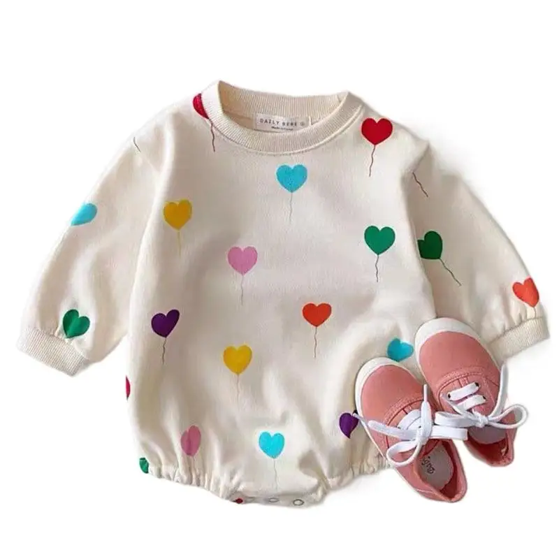 2024 Korean Spring Autumn Baby Girls Romper Cotton Printed Love Balloon Long Sleeve Jumpsuit Pullover Loose Toddler Girls Outfit