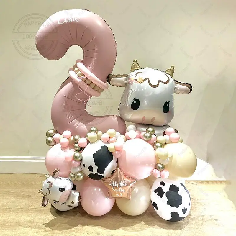 69-teiliges Tier- und Kuh-Themen Ballon-Set 32 Zoll Rosa Nummer 1-9 Geburtstagsparty Dekoration Bauernhof Tier Folienballon Deko