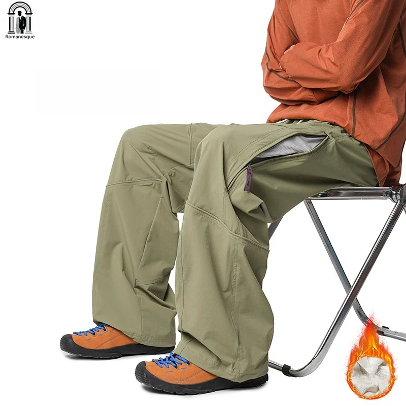 

Men's Daily Casual Thickened and Fleece-lined Pants, Outdoor Camping Solid Color Workwear Straight Trousers.