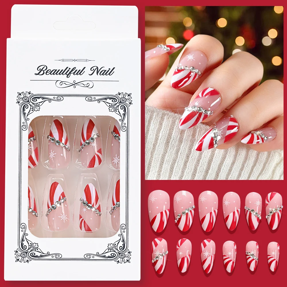 

24Pcs French Almond Christmas False Nail Tips Crystal Snowfalke Design Press On Fake Nails Full Cover Xmas Fingernails Extension