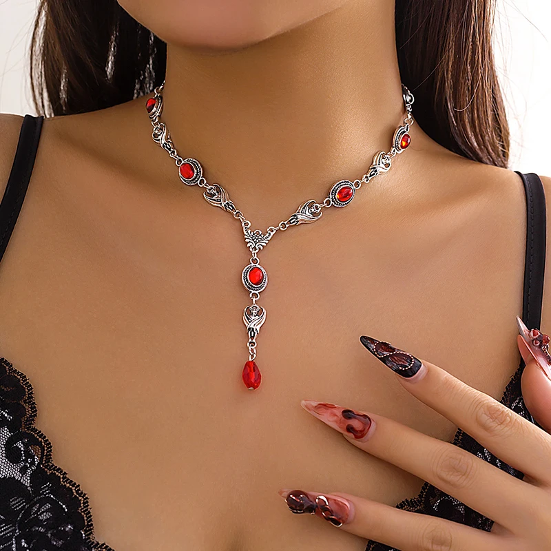 Gothic Black Vampire Chain Red Crystal Necklace for Women Chest Chain Vintage Sexy Link Choker Y2K Halloween Necelaces Bracelet