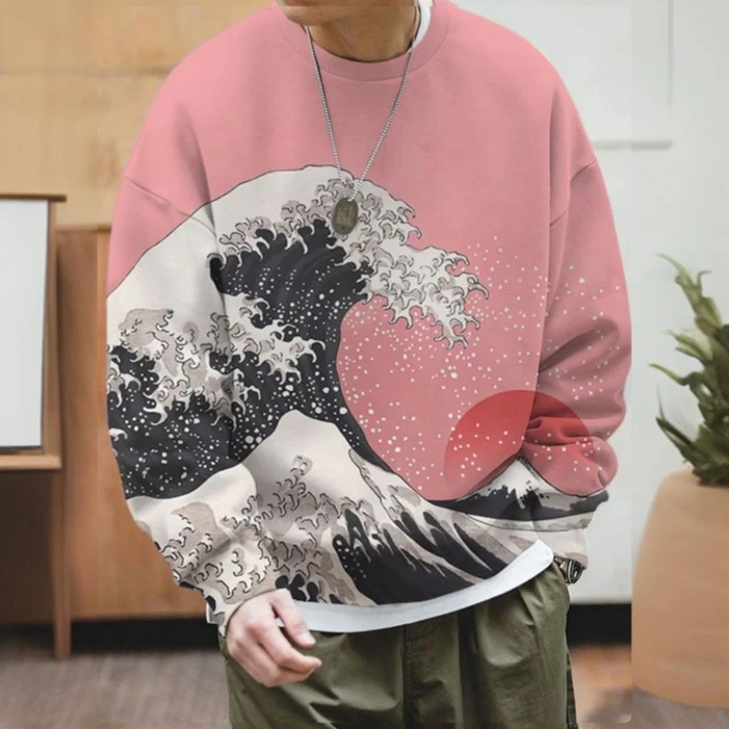 Ukiyo-E Wave Print felpa girocollo da uomo Retro Fashion Man abbigliamento autunno manica lunga t-shirt per uomo Pullover oversize