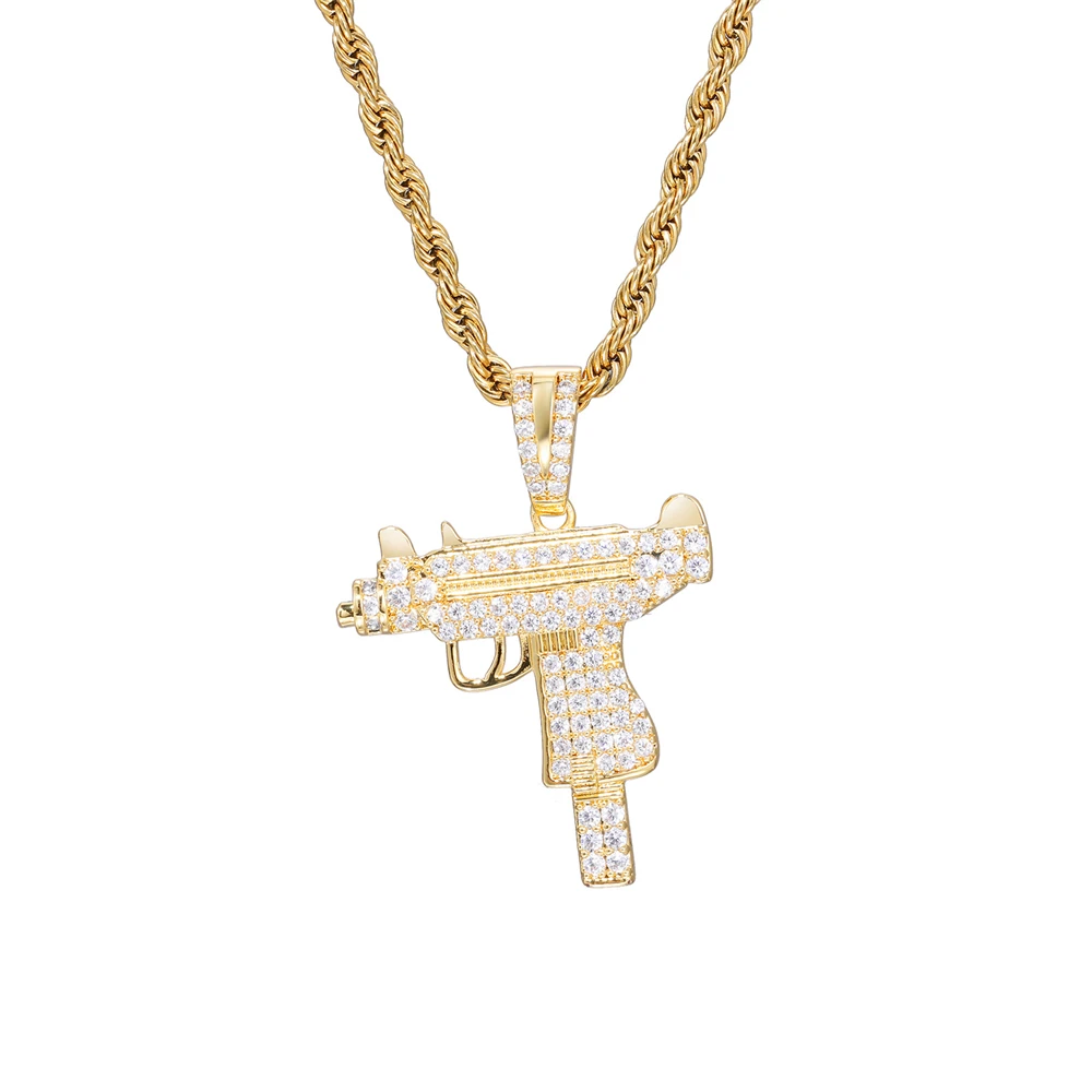 

Персонализированный хип-хоп пистолет-пулемет, медь, циркон, инкрустированный кулон, ожерелье, мужской аксессуар