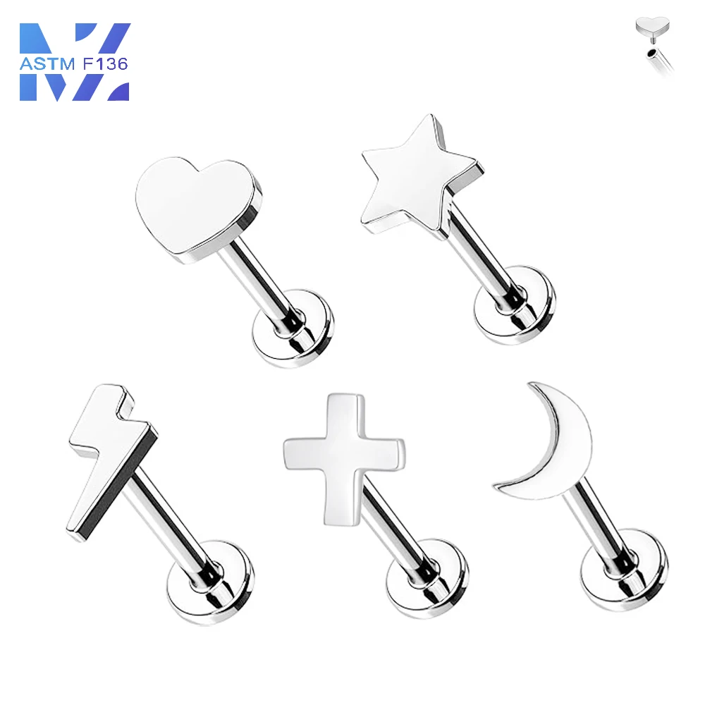 5 Pcs F136 Titanium Earrings Pentagram Heart Cross Lightning Bolt Internal Thread 16G Nose Stud Lip Stud Body Piercing Jewelry