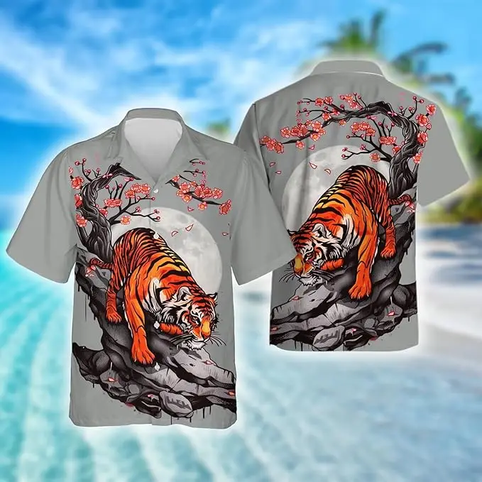 

Мужская рубашка с коротким рукавом с гавайским принтом тигра и волна - camisa hawaiana hombre estampado tigre manga corta corte