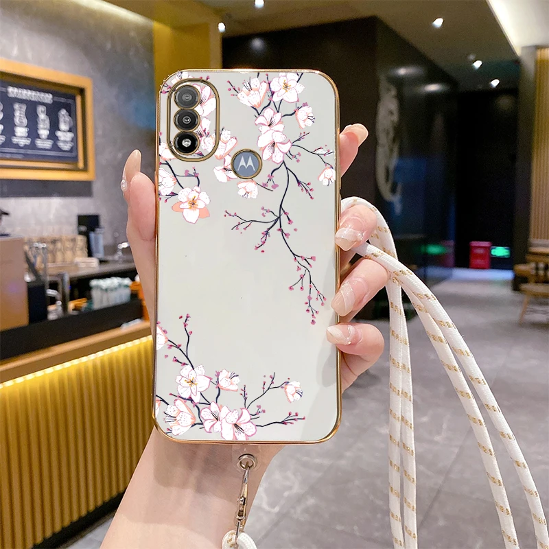 E20 Plum Blossom Luxury Plating Phone Case For Motorola Moto E20 E13 E7 E22i E32 G13 E22 E7Power E7Plus EDGE 20 EDGE 30 Cover