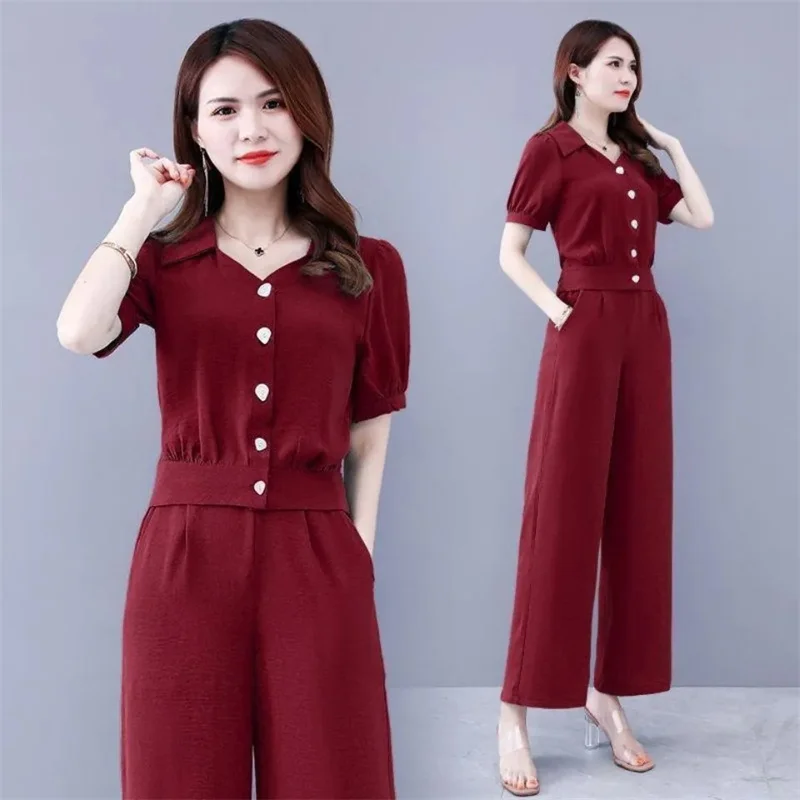 Trousers Suit 2024 Summer Sets Fashion Two-piece Suit Short Sleeve V-neck Shirt And Pant Solid Color Suit For Women Elegant 3XL