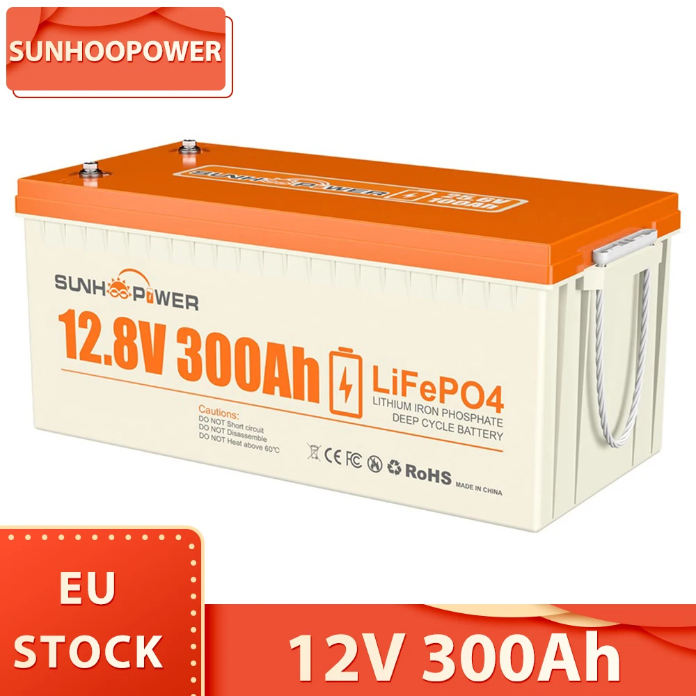 SUNHOOPOWER 12V 300Ah LiFePO4 Battery, 3840Wh Energy, Built-in 200A BMS, Max.2560W Load Power, Max. 200A Charge/Discharge, IP68