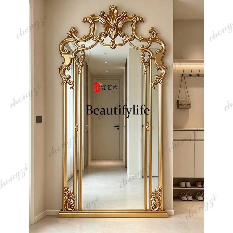 French retro carved full-length mirror, living room wall-mounted porch, gothic floor-to-ceiling full-length mirror