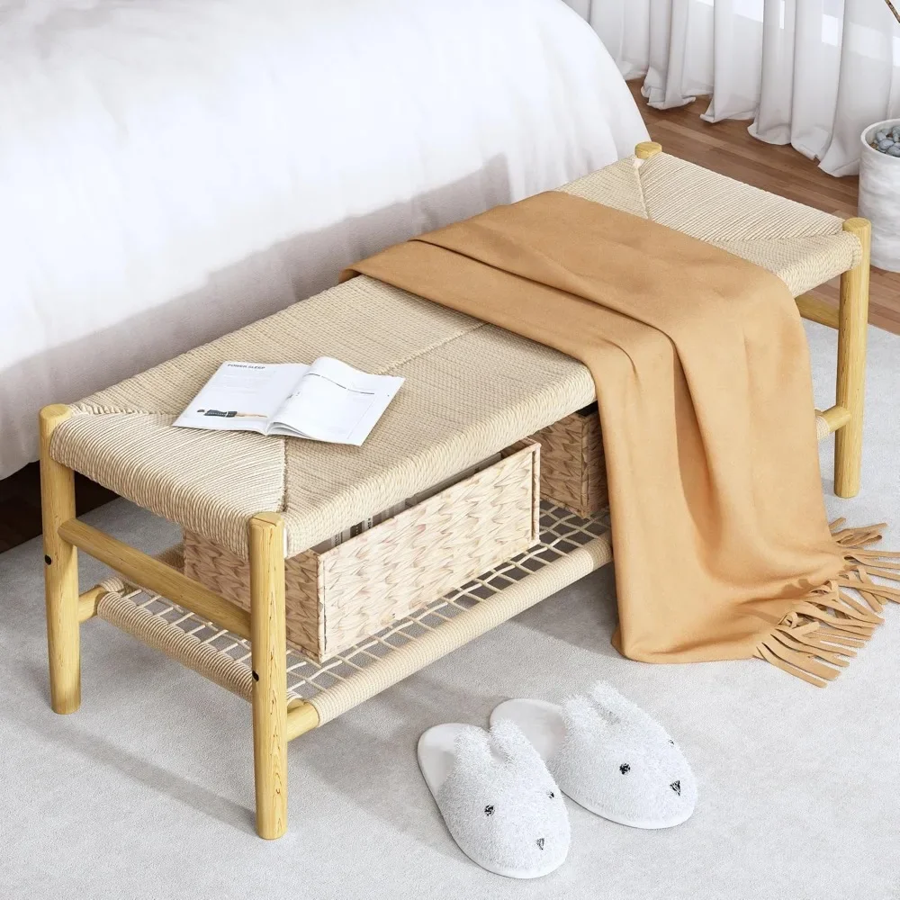 Entryway Bench with Paper Cord Ottoman & Grid Storage Rack and 2 Baskets, Mid-Century Long Bench with Rubber Wood Legs