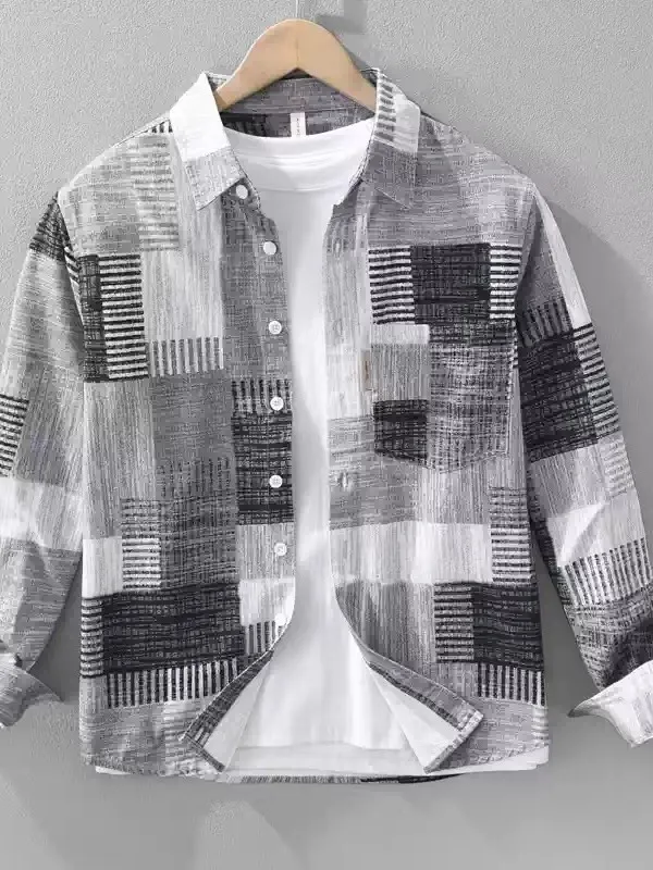 Retro Checkered Men's Shirt Casual Color Block Design Fashionable Spring Autumn Square Pattern Breathable Polyester Fiber