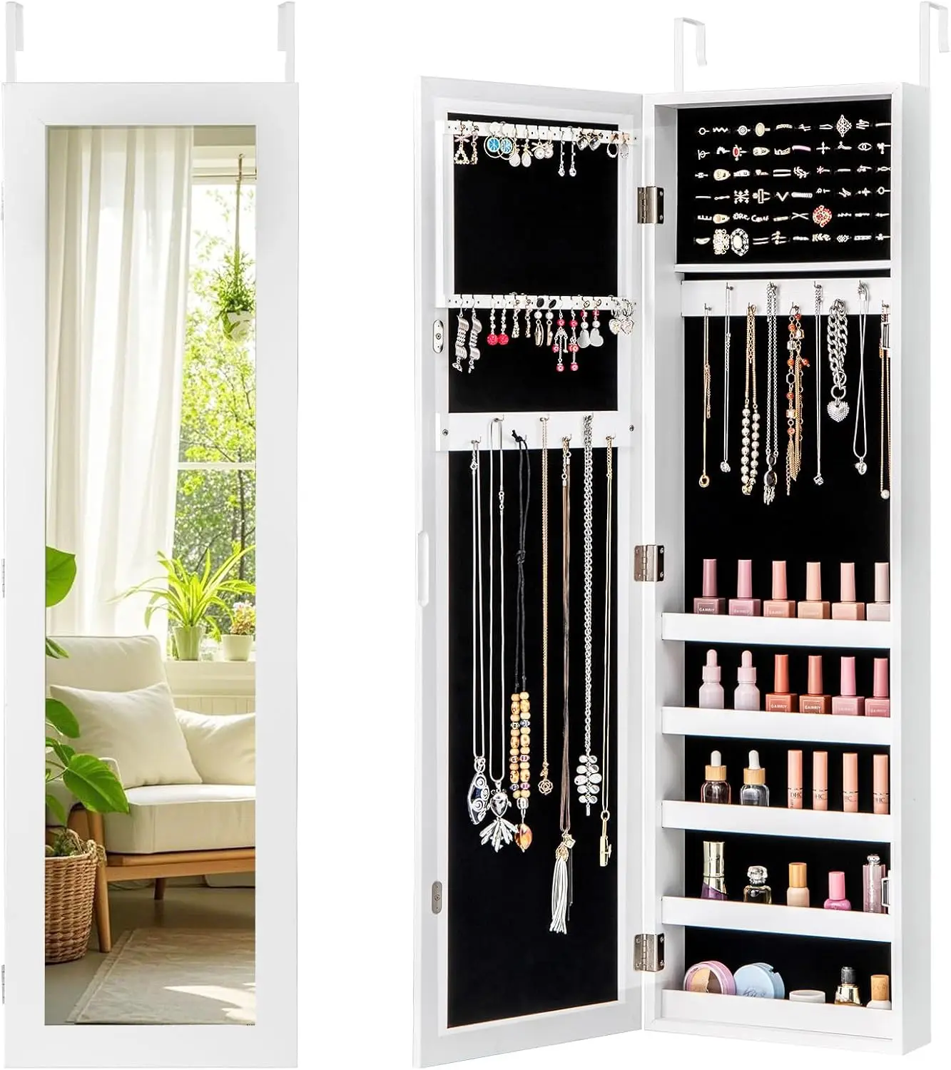 

Wall or Door Mounted Jewelry Cabinet with Full Length Mirror, Over The Door Jewelry Armoire Organizer, Hanging Storage Cabinet w