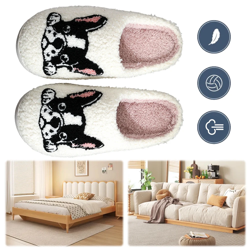 

2024 New Plush Bulldog Embroidered Kawaii Slippers House Non-slip Comfortable Warm Couple Slippers for Winter Indoor Bedroom