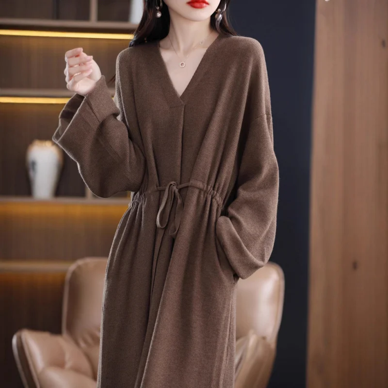 

European Style Knitted Sweater Dress Women Loose Base Layer Korean Version Mid-Length Elegant Solid Color Knitted Swe
