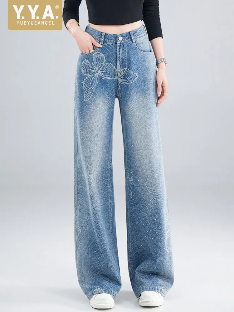 

Spring Women High Waist Embroidery Butterfly Diamonds Wide Leg Pants Loose Fit Casual Straight Denim Pants Streetwear Lady Jeans