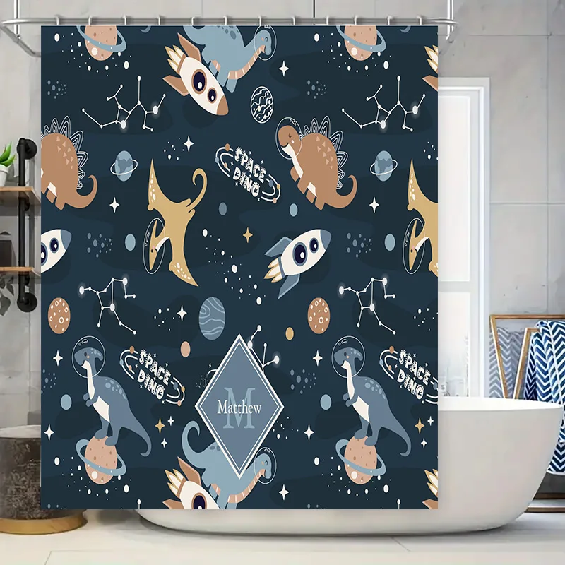 

Уникальная синяя занавеска для душа Space Dino, персонализированная для детской ванной комнаты, настраиваемый дизайн для украшения дома в банном белье