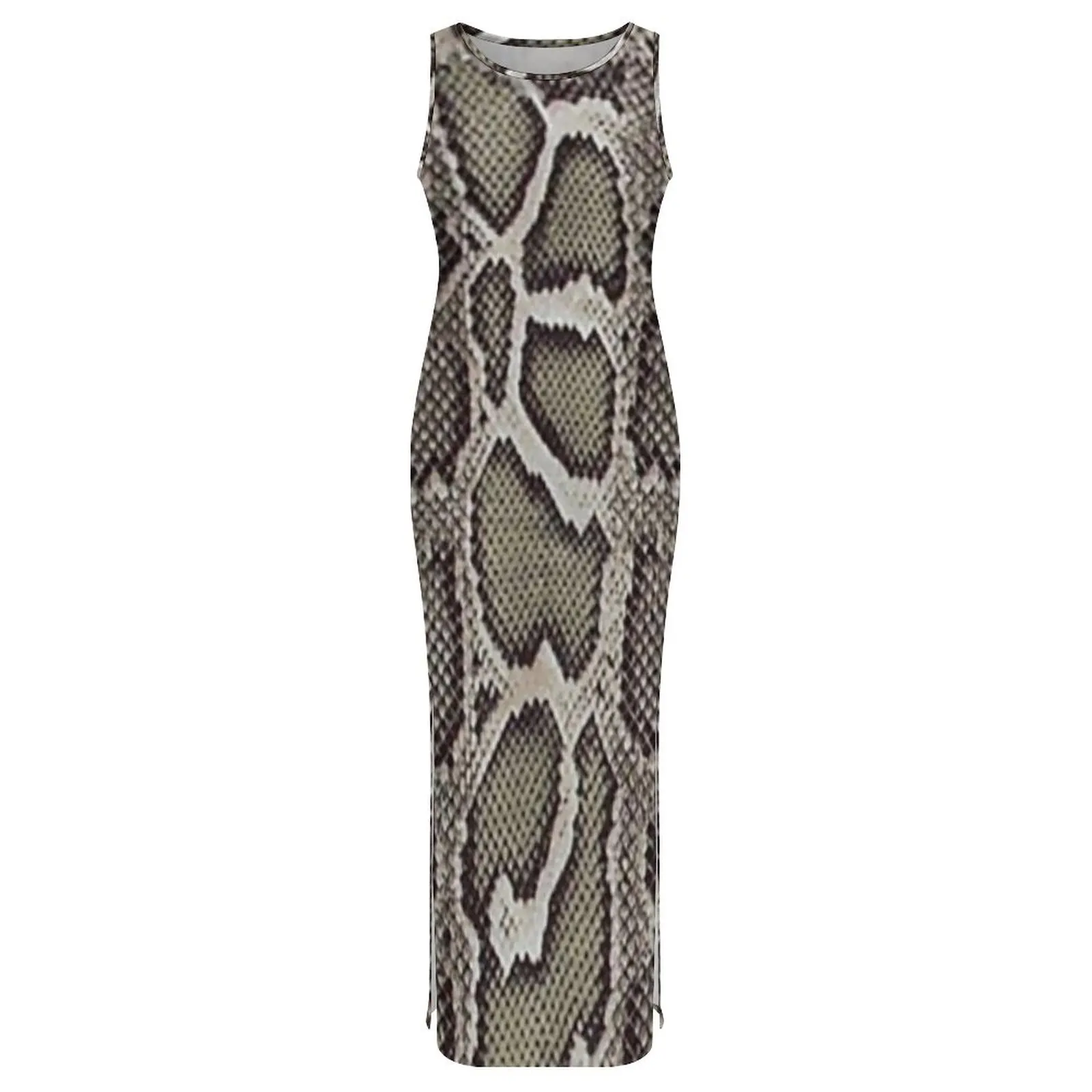 Falso boa pele de cobra bodycon vestido férias pele animal impressão na moda maxi vestidos senhoras sem mangas vestido estético tamanho grande