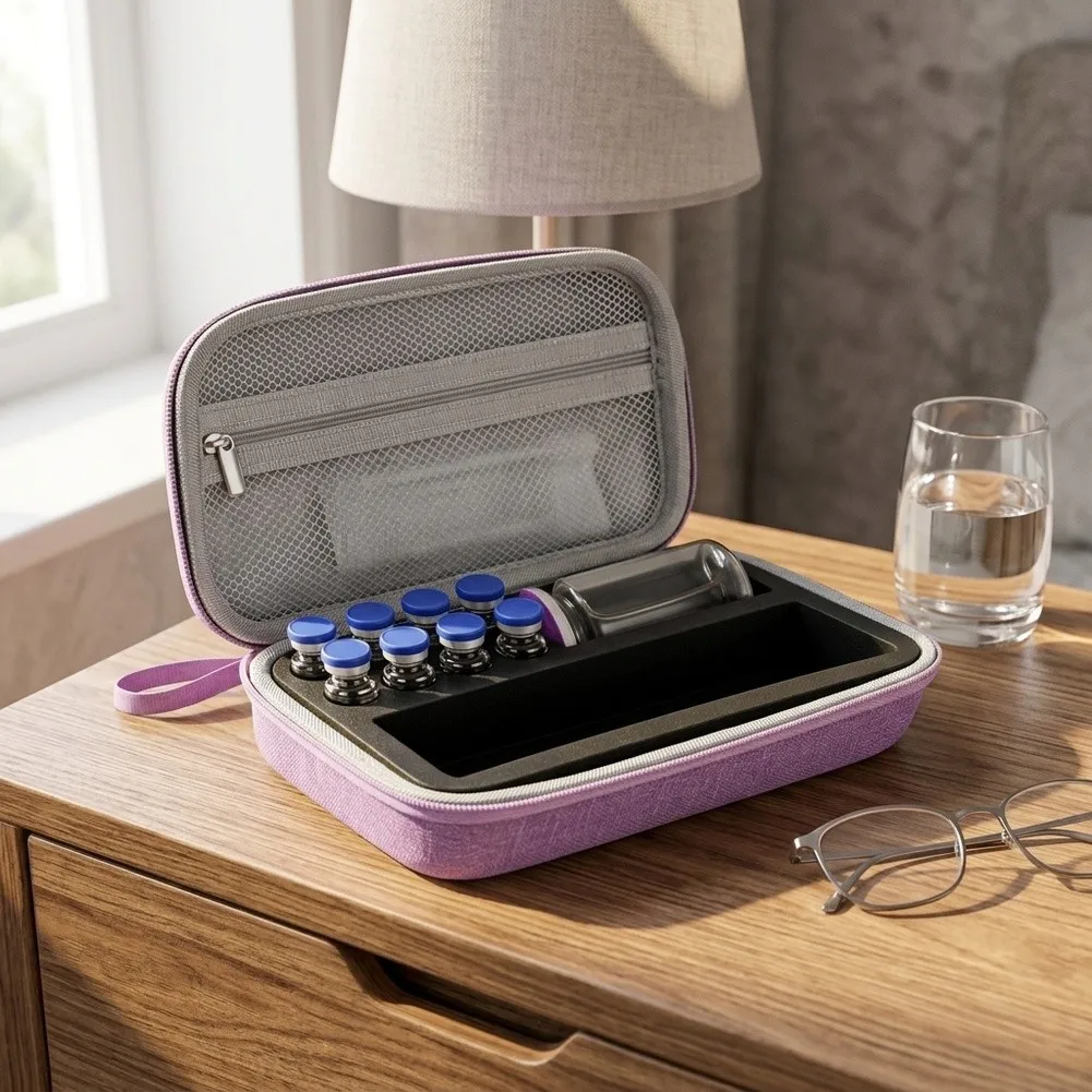Peptide Vial Storage Box Fabric EVA 20x13x5cm Travel Holder for For medication Refrigerator Temperature Stable