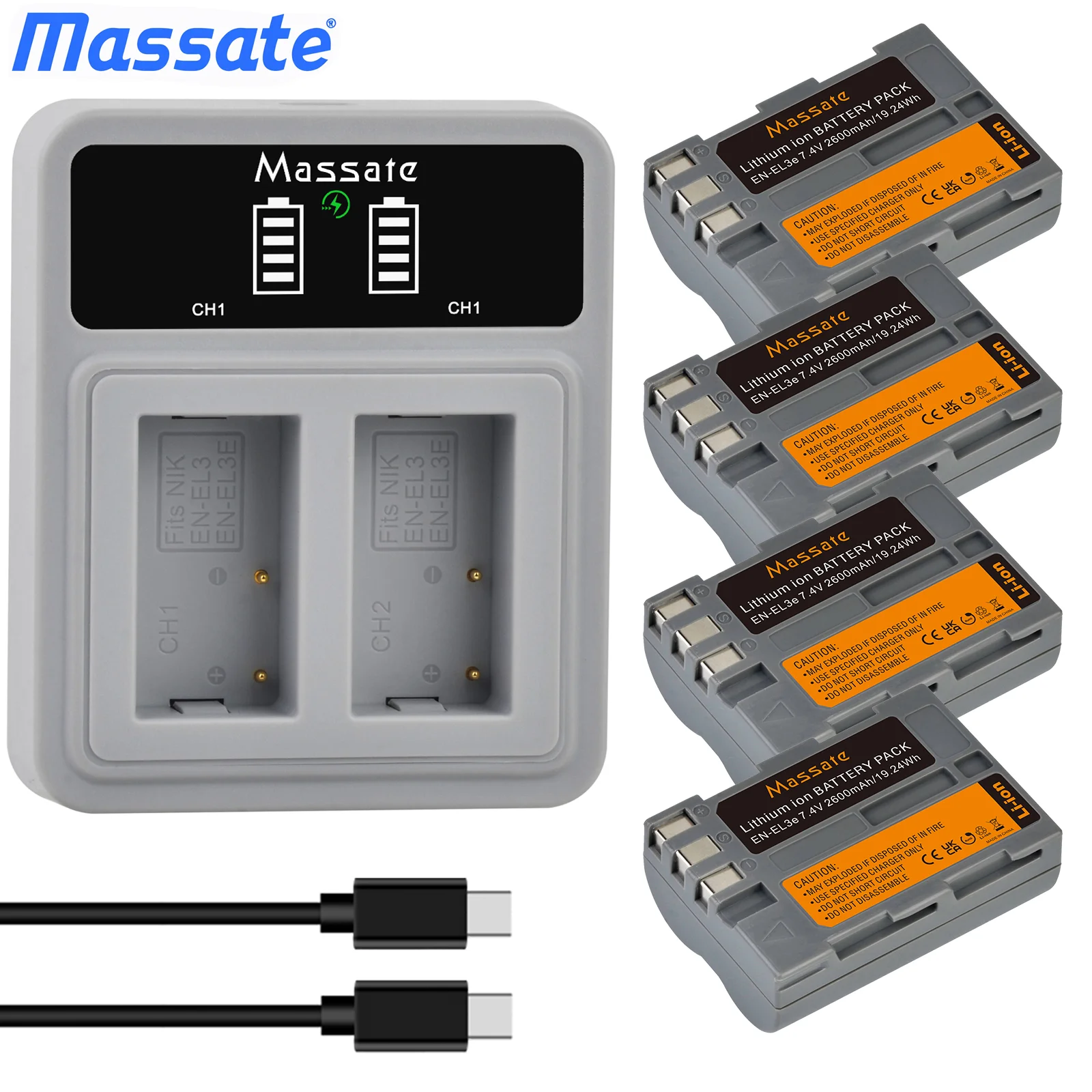 

Massate EN-EL3E EN EL3E 2600mAh Battery and Fast USB Charger for Nikon D700 D300 D300S D200 D100 D90 D80 D80S D70 D50 cameras