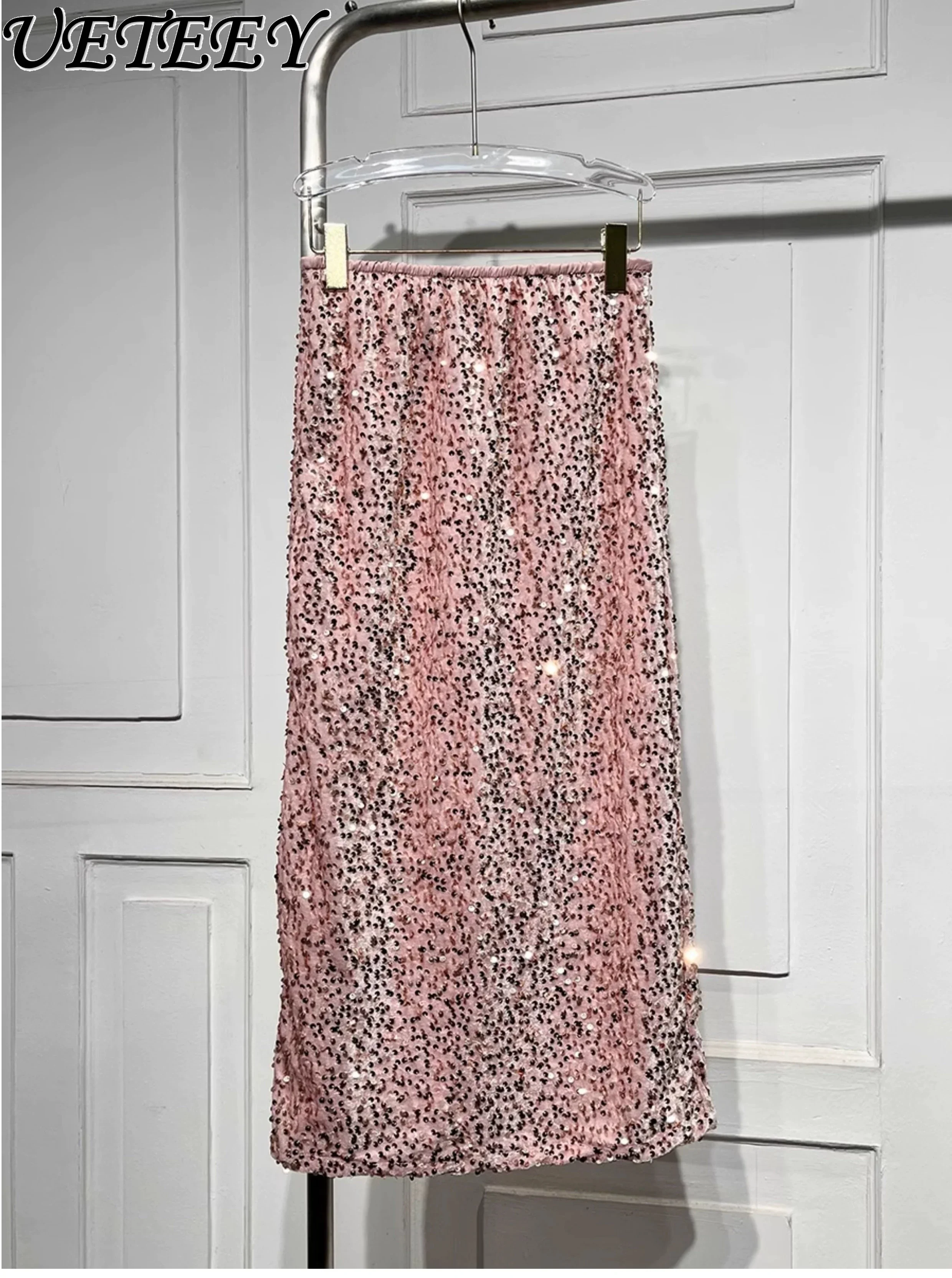 Korean Version High Waist Velvet Sequined Straight Long Skirts Women's Spring and Autumn Fashion New Versatile Casual Skirts