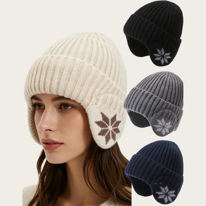 Unisex Knitted Earflap Beanie Hat Snowflake Jacquard Winter Warm Ribbed Cuffed Skull Cap Men Women Outdoor Cold‑proof Knit Hat