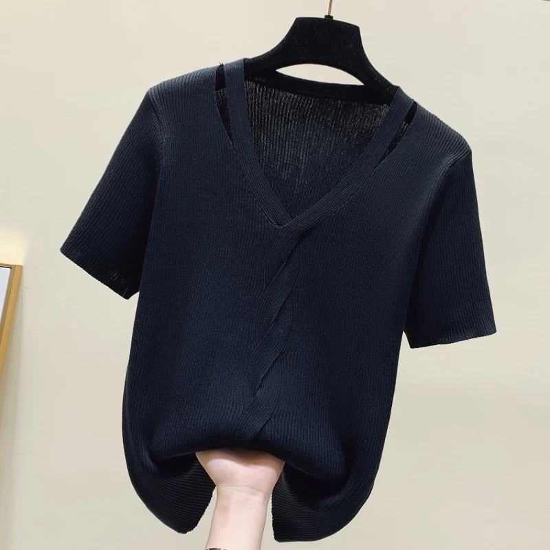 Spring Summer Women Sweaters Short Sleeves V-neck Bottoming Shirt Knitwear 2023 Camel Green Black Pullovers Korean Jumpers