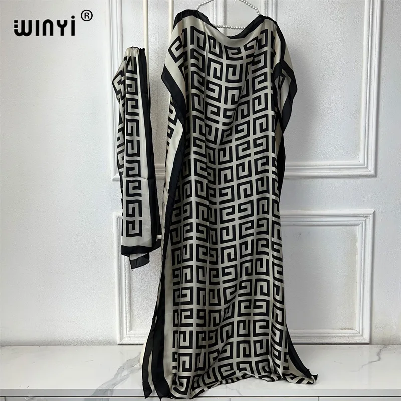 

WINYI african dress with belt woman elegant abaya dubai luxury muslim dress Crew Neck Leopard Kaftan Maxi Length evening dress