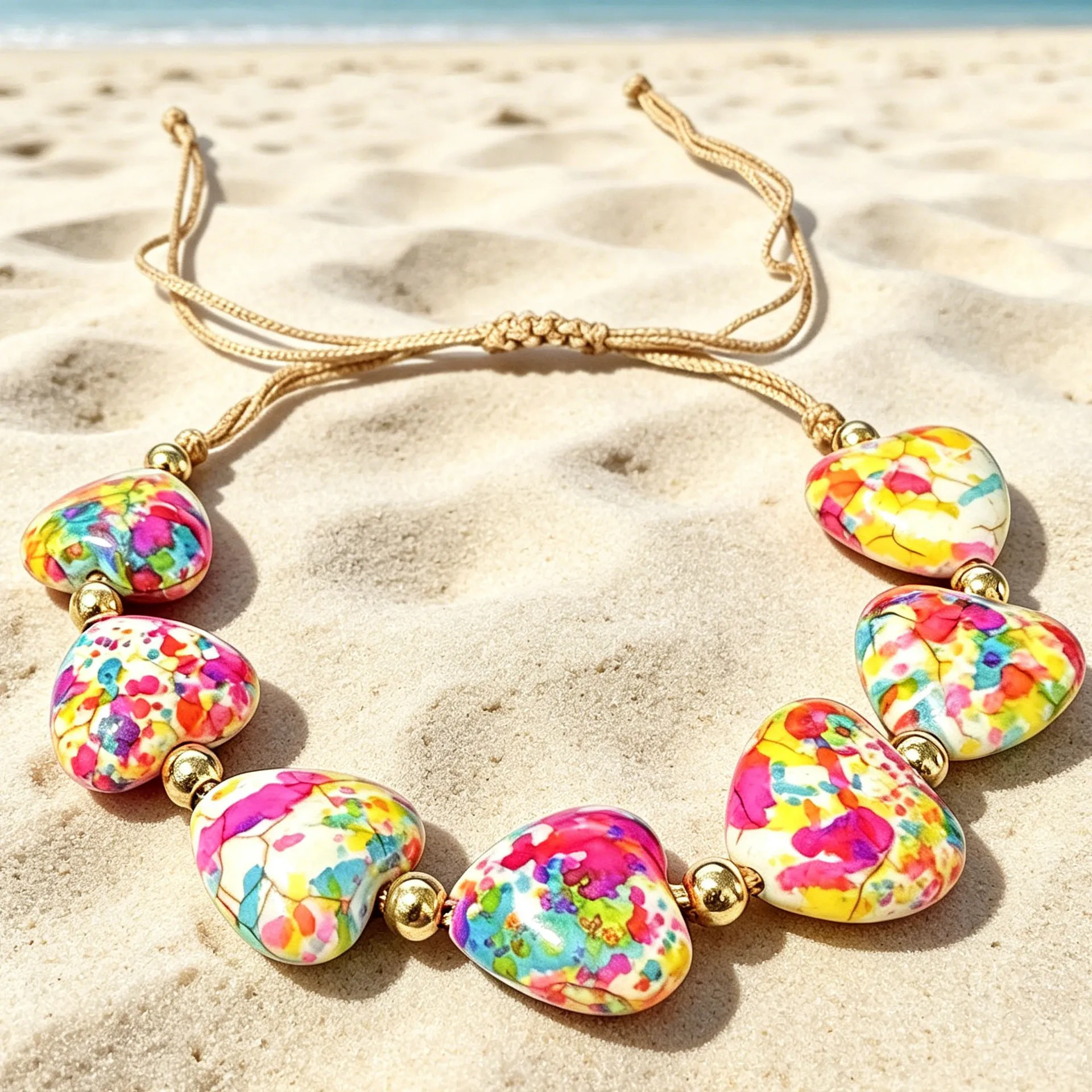 Tie Dye Multi Color Heart Bead Braided Rope Necklace Bohemian Handmade Adjustable Choker Candy Color Floral Print Beach Ladies S