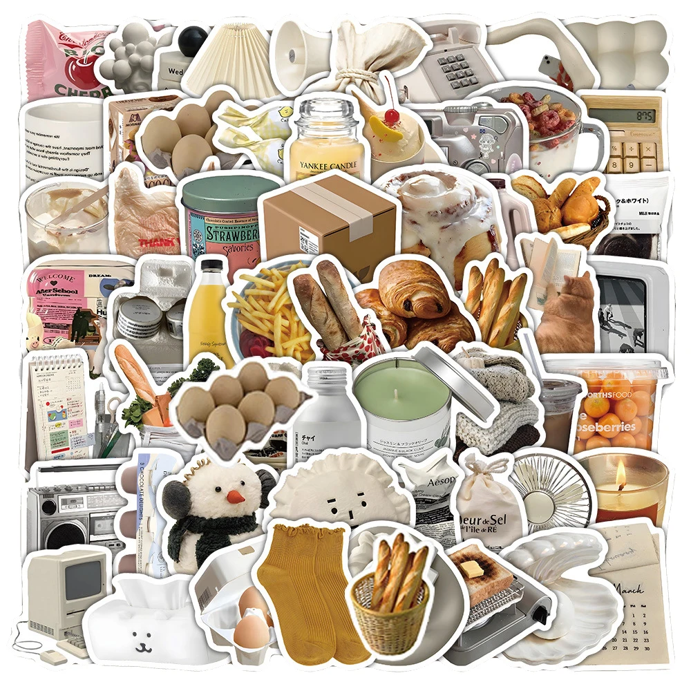 10/30/60pcs Vintage Ins Style Cartoon Stickers Cute Food Bread Drink Graffiti Decals Decoration Notebook Luggage Phone Sticker