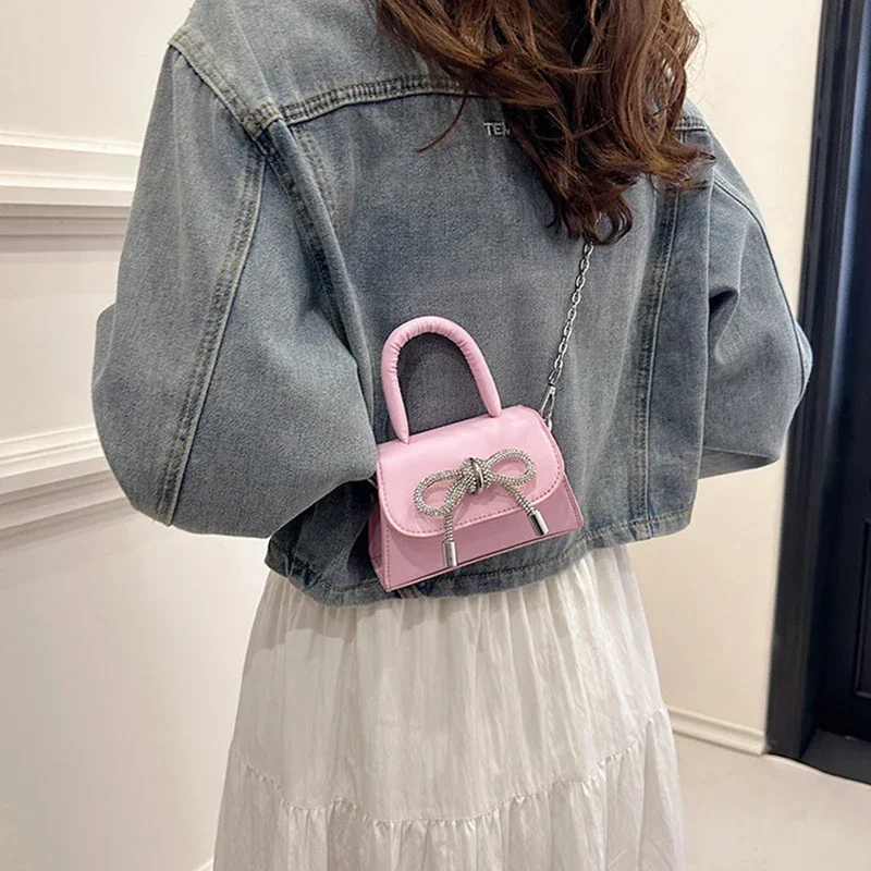 Bow Design Solid Color Mini Shoulder Bag Pu Leather Flap Crossbody Bags for Women 2024 Fashion Female Chain Purse and Handbags