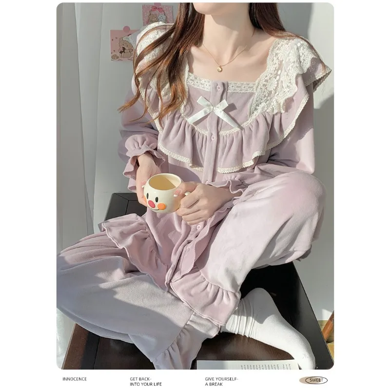 Women's Korean Island Velvet Pajamas Set Autumn Winter Thin Velvet Loungewear Sweet Princess Style Breathable Cozy L Size Solid