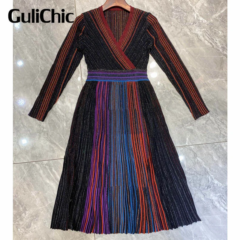 1.5 GuliChic Knitted Rainbow Color V-neck Long Women\'s Dresses Holiday Elegant Casual Slim Printed A-line Clothing Autumn