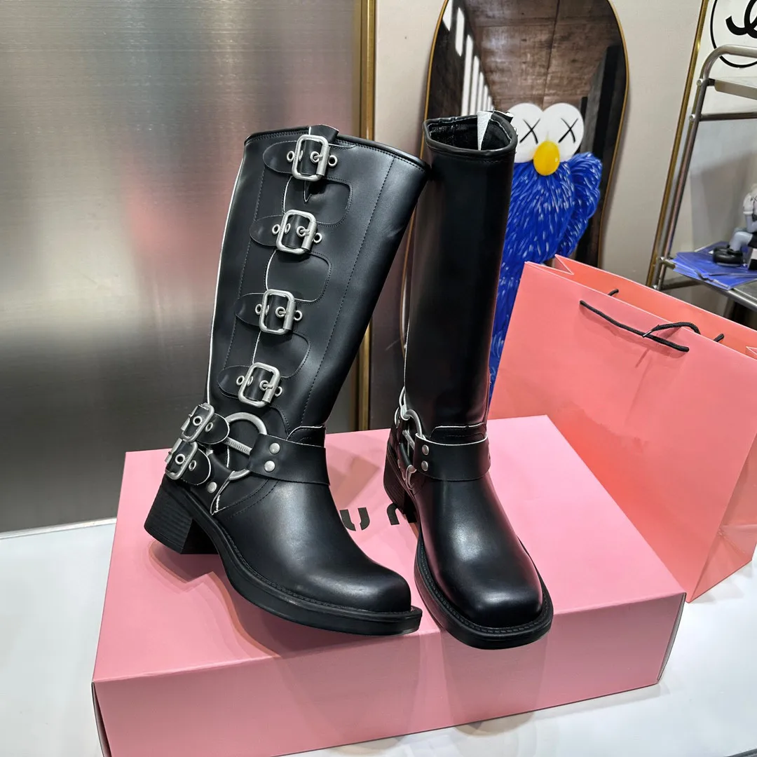 Belts Buckles Rivets Botas Largas De Mujer Solid Color Leather Square Toe Boots For Women Platform Chunky Mid Heels Punk Style