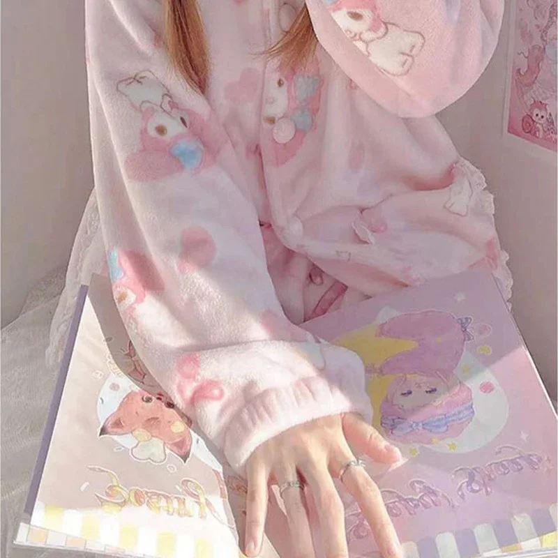 Kawaii Sanrio My Melody Pajamas Cartoon Anime Girl Autumn Winter Flannel Doll Collar Loungewear Set Student Child Holiday Gift