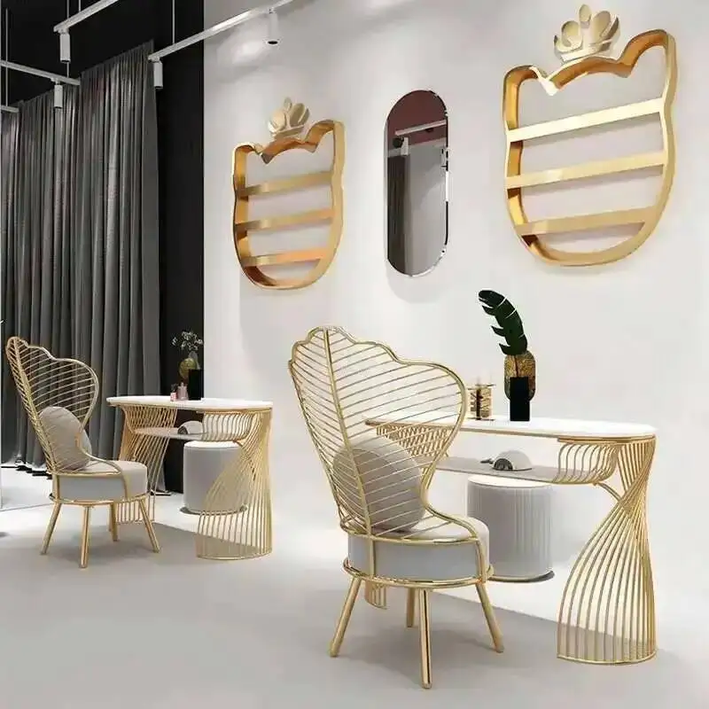 

Simple Golden Modern Tables Nail Furniture Salon Beauty Salon Professional Manicure Table Light Luxury Manicure Table Chair Set