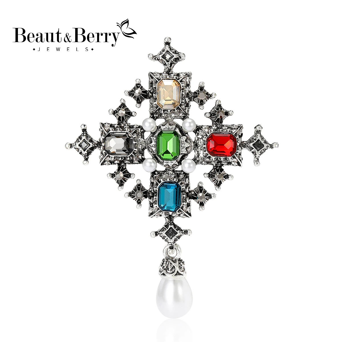 Beaut&Berry Vintage Cross Brooches for Women Unisex Rhinestone Pins Multi-color Available Casual Party Accessories Gifts