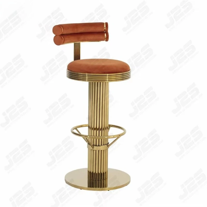 Modern fabric bar stool with gold metal base and footstool