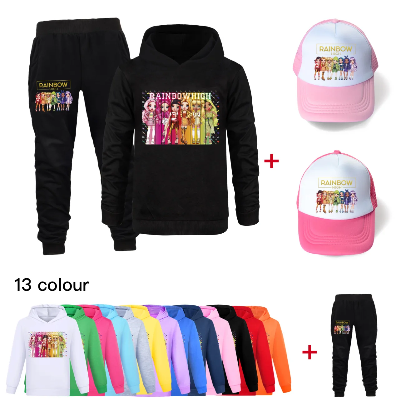 Rainbow High Boys Girls Tracksuit Kids Long Sleeve Hoody+ Pants Set Spring Autumn Children Clothing Infant Sets Sport Suits+cap