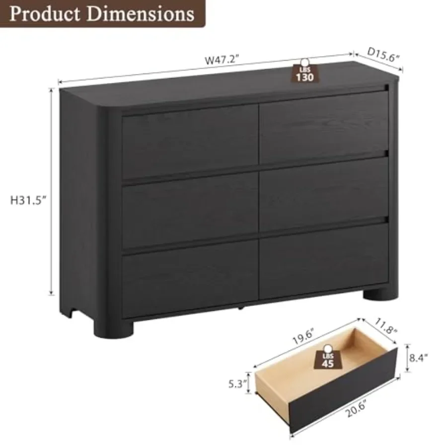 6 Drawer Dresser for Bedroom, 47 Wide Chest of Drawers MDF Wood, White, Smooth Gliding Drawers with Knobs